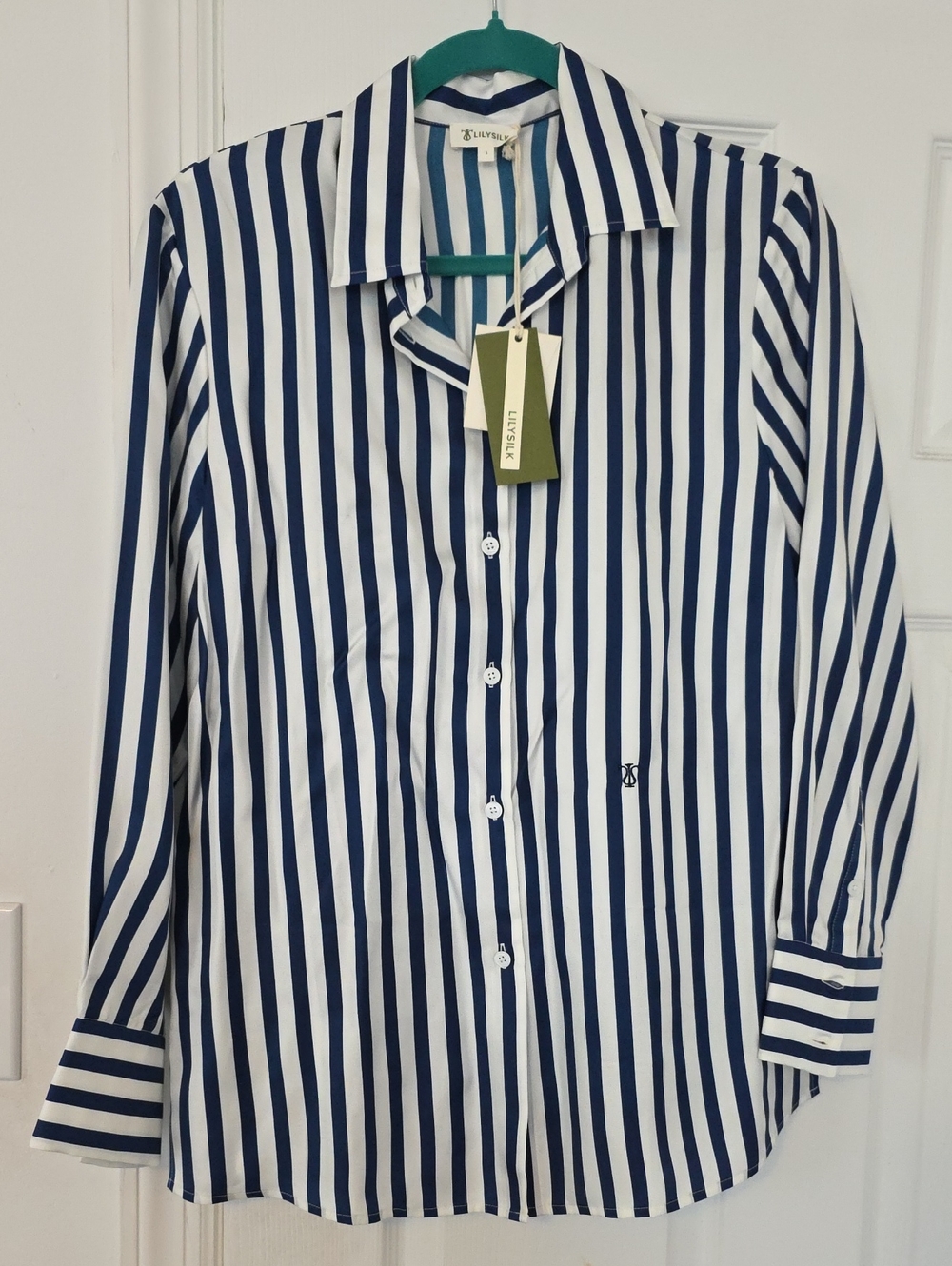 LILYSILK Striped Button-Up Blouse in Navy and White